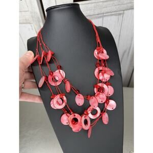 Beachy Coastal Red Pink Shell Disc Silver & Bead Necklace Unique Multi Strand